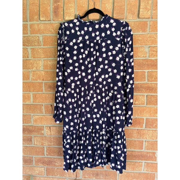 J. Crew Navy Blue Floral Print Long Sleeve Tiered Mini Dress - Picture 6 of 16